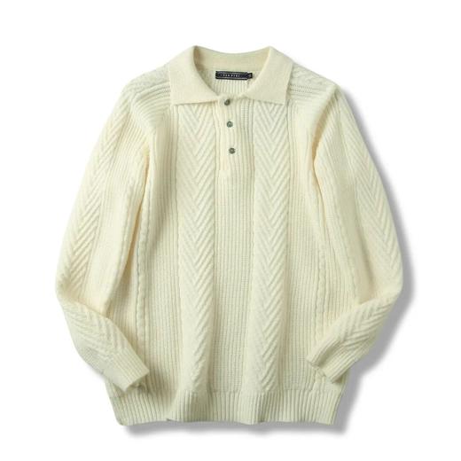 复古加厚保暖提花纹理翻领纯色男士休闲落肩款套头POLO领针织衫毛衣 商品图4