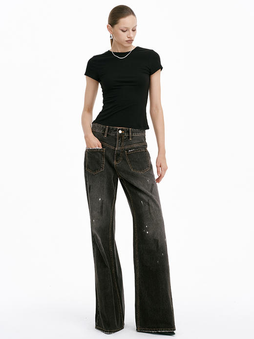 TR她热 马丁裤 黑色泼墨水洗磨白拼皮复古设计感时髦休闲直筒牛仔裤 商品图1