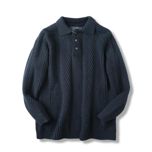 复古加厚保暖提花纹理翻领纯色男士休闲落肩款套头POLO领针织衫毛衣 商品图1