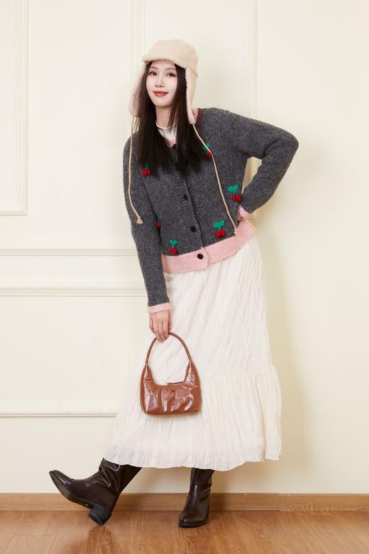 ANSUABEL 重工樱桃粉灰撞色甜美针织开衫 21894 商品图5