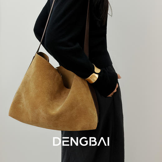 登白DENGBAI 反绒牛皮水桶包大容量休闲通勤单肩斜挎包头层牛反绒 商品图0