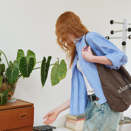 714street高密砂洗条纹长袖衬衫2026春季新款尖领纯棉蓝色衬衣女 商品图2