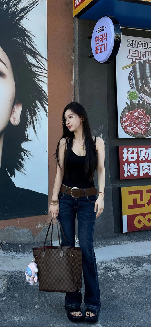 Lv nf 中号 棕棋盘格 红条纹内里 托特包 商品图3