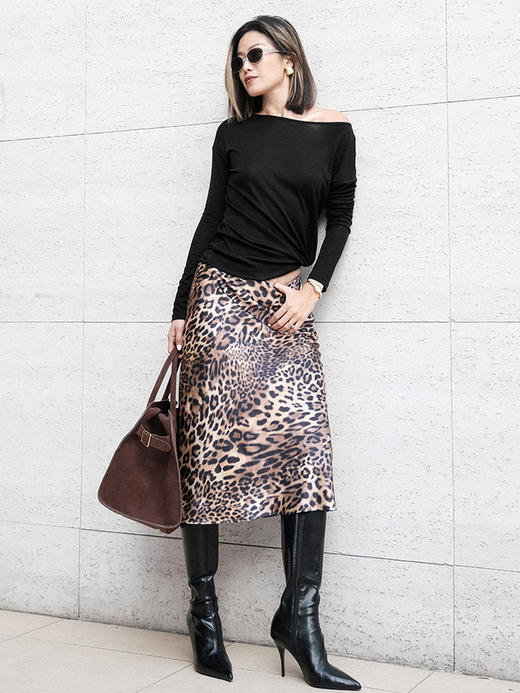 TR她热 慵懒日常 黑色天丝羊毛一字领慵懒百搭显瘦基础打底衫上衣 商品图1