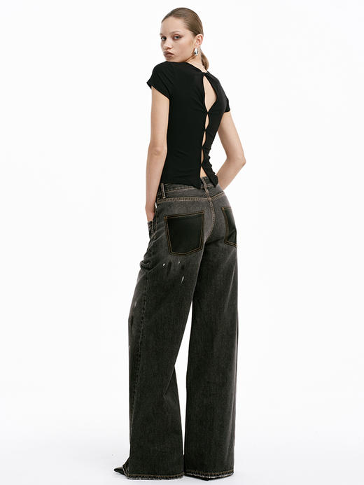 TR她热 马丁裤 黑色泼墨水洗磨白拼皮复古设计感时髦休闲直筒牛仔裤 商品图3