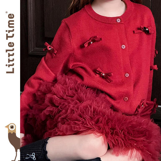 littletime甜美可爱风女童红色蝴蝶结开衫毛衣洋气立体装饰针织衫 商品图2
