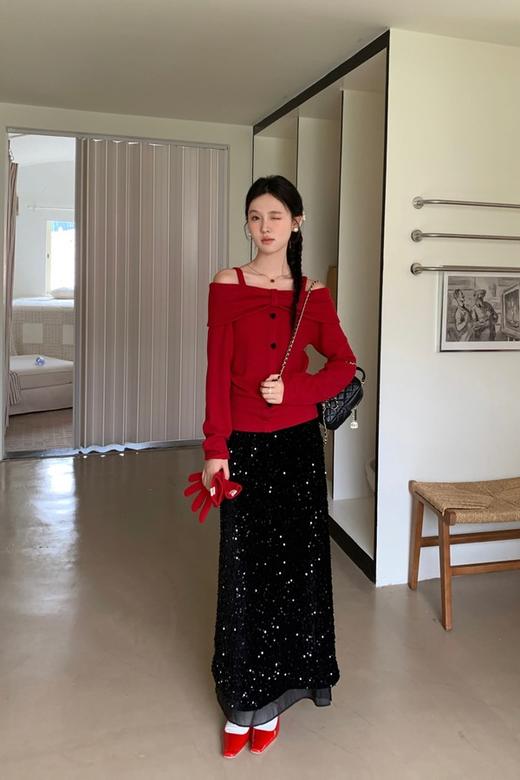 SIA SAYLOR 显白红色一字肩气质蝴蝶结针织上衣 21939 商品图4