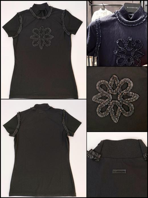 St家春夏新款女士立体花边LOGO短袖上衣来啦！渠道高品质❗️浪漫至极的单品！肩线后移设计，整个背都变薄了很多！立领领口不卡脖不露肉,  直筒大身合身但不会勒, 坑条针织面料弹力大, 非常细腻轻薄！ 商品图3