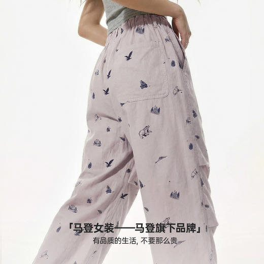 马登纯棉薄款直筒阔腿山系伞兵裤松紧腰印花休闲工装长裤子女士春 商品图4