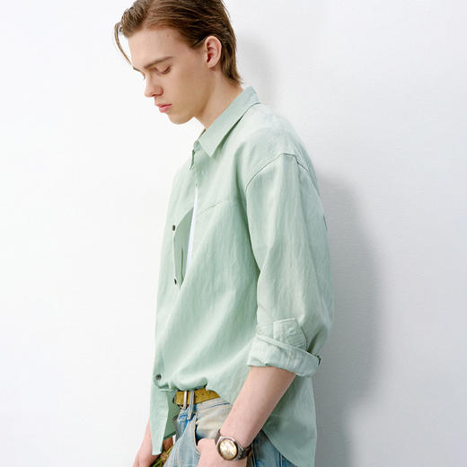 714street肌理天丝长袖衬衫2026春季新款潮牌简约纯色尖领衬衣男 商品图1
