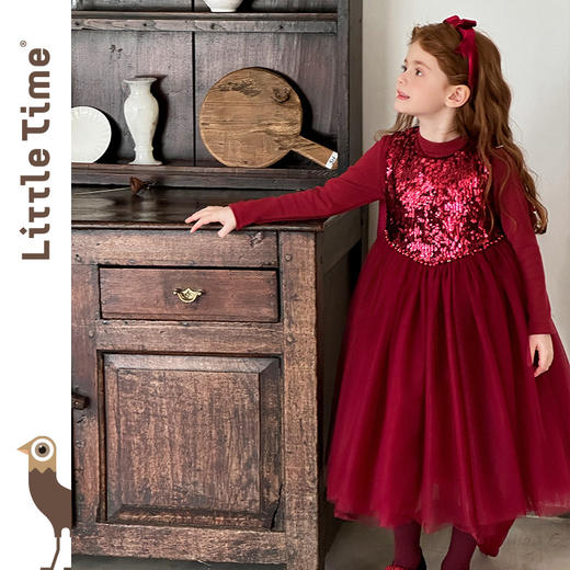 littletime女童公主裙2025秋冬红色亮片网纱连衣裙甜美生日礼服裙 商品图0