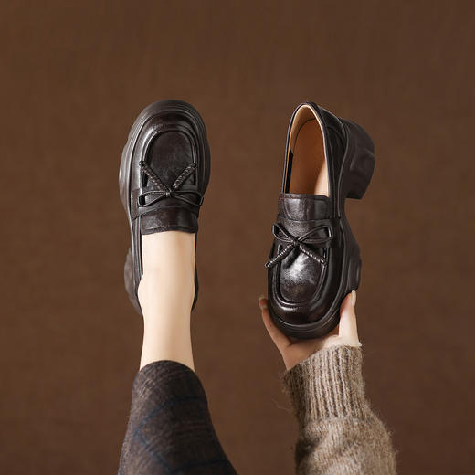 阿么手工女鞋一脚蹬英伦风乐福鞋女蝴蝶结厚底小皮鞋小个子6.5CM 商品图3