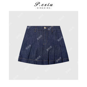 04-1潘依绣丁丁宠粉天丝-亚麻复古摩登压褶丹宁牛仔半身裙 S66331