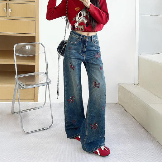 法国Missboudior 鱼骨拼接烫钻满天星阔腿牛仔裤/小马刺绣烫钻阔腿牛仔裤 显高显瘦 宽松舒适 商品图2
