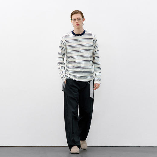 714street轻薄条纹长袖上衣2026春季新款潮牌休闲圆领混纺T恤男女 商品图2