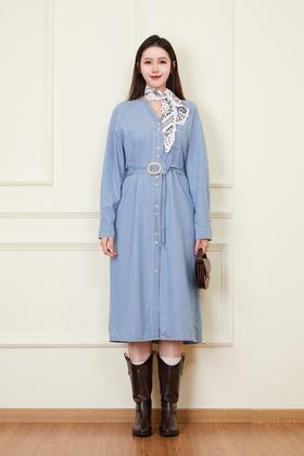 LNNNS 气质通勤复古V领牛仔连衣裙 22238