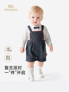 英氏新生儿衣服男宝宝帅气小王子仿牛仔哈衣爬爬服YRHAJ1S045A