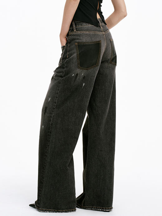 TR她热 马丁裤 黑色泼墨水洗磨白拼皮复古设计感时髦休闲直筒牛仔裤 商品图4