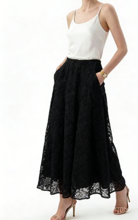 SC1B03_漆黑色_半裙_春季_蕾丝提花松紧腰A 字大摆_高级女装_BERNIEELEN 伯妮斯茵