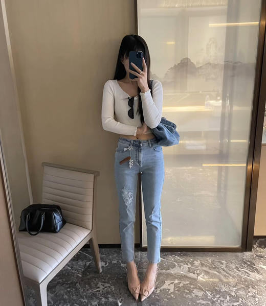 Lee26早春磨白破洞牛仔裤直筒小脚裤012802 商品图2