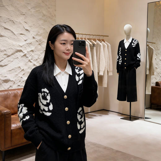 S·Y·C【暗夜花影】山羊绒V领玫瑰花针织开衫外套R25050 商品图1