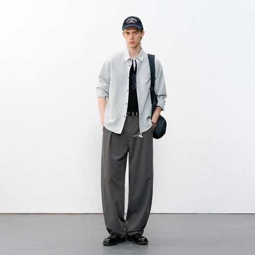 714street肌理天丝长袖衬衫2026春季新款潮牌简约纯色尖领衬衣男 商品图3