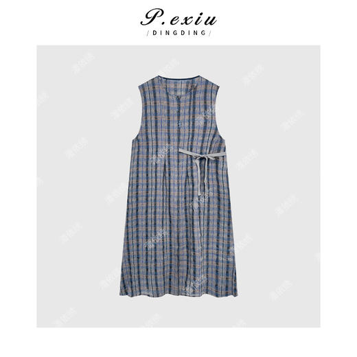 04-3潘依绣丁丁宠粉【布鲁士蓝调】麻料小众设计气质系带连衣裙Q21226 商品图0