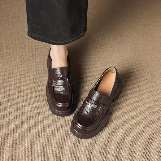 阿么手工女鞋厚底不累脚一脚蹬jk小皮鞋时尚真皮乐福鞋软底6.5CM 商品图3