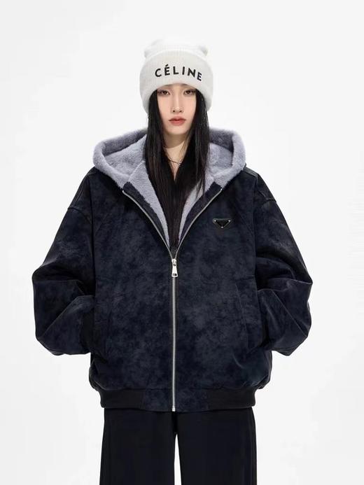 F012807美式复古荔枝纹水貂绒座山雕连帽棉服cleanfit重磅PU皮夹克 商品图8