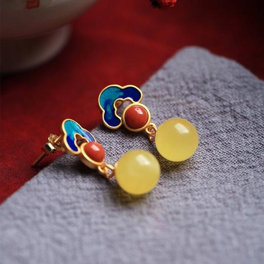 【手工古法鎏金工艺❗️磨砂金质感】纯银925如意耳环 百搭国风元素耳饰珐琅彩复古耳饰戒指吊坠套装女。jc 商品图3