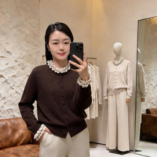 羊绒老钱风常规拼接纯色女士小香风针织上衣 商品图1