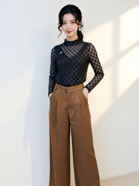 HJ1L22 - 长裤 - 栗壳色漆黑色高弹力修身显瘦