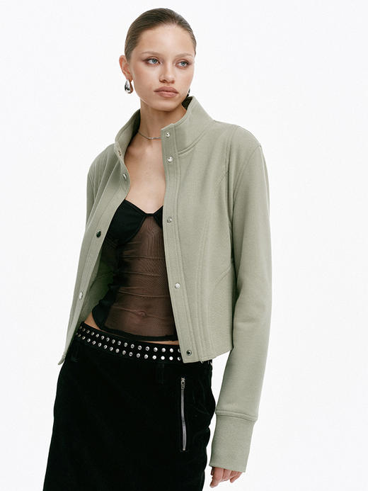 TR她热 不费力时髦 豆绿灰色都市感复古立领修身显瘦薄绒夹克外套 商品图4