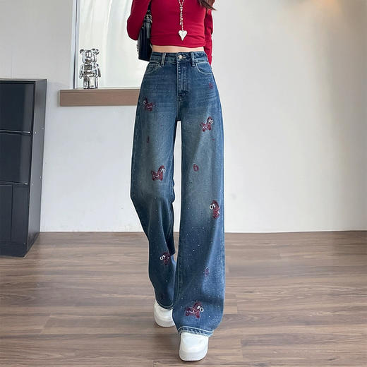 法国Missboudior 鱼骨拼接烫钻满天星阔腿牛仔裤/小马刺绣烫钻阔腿牛仔裤 显高显瘦 宽松舒适 商品图6