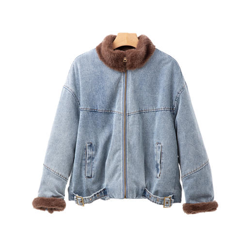 咖色毛领加绒牛仔外套 商品图1