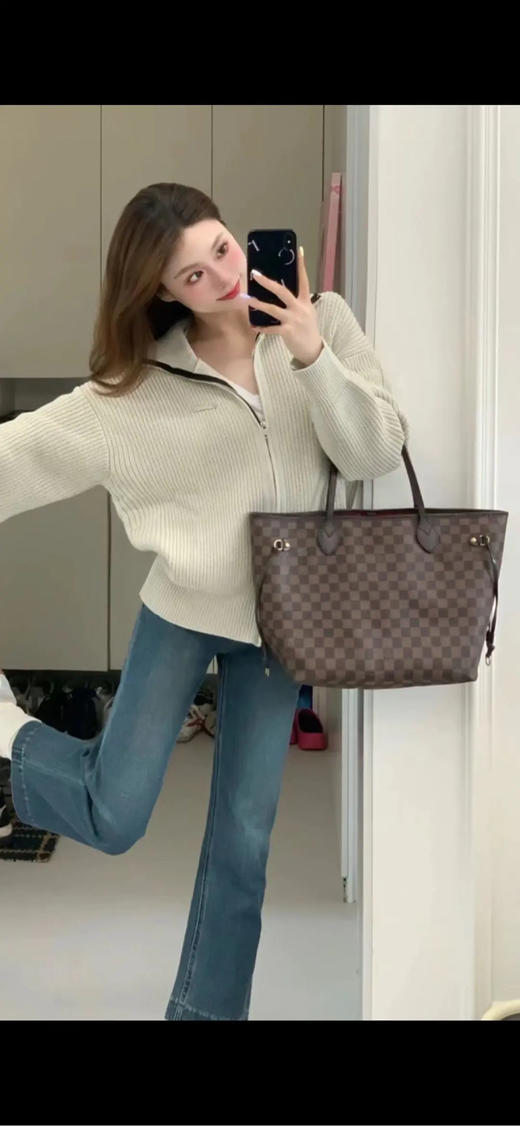 Lv nf 中号 棕棋盘格 红条纹内里 托特包 商品图2