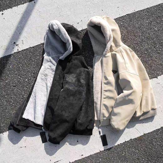 F012807美式复古荔枝纹水貂绒座山雕连帽棉服cleanfit重磅PU皮夹克 商品图2