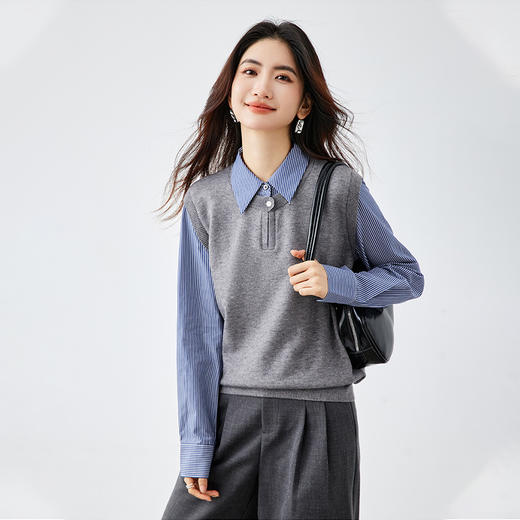西遇假两件撞色拼接条纹针织衫女2026年春季新款轻职场通勤上衣SS060137 商品图4