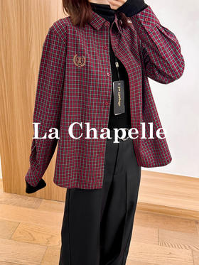 专柜实拍【100%全棉+刺绣徽章】拉夏贝尔/La Chapelle文艺风！挺括有型气质翻领刺绣徽章复古格纹设计百搭叠穿衬衣