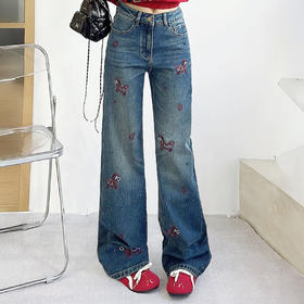 法国Missboudior 鱼骨拼接烫钻满天星阔腿牛仔裤/小马刺绣烫钻阔腿牛仔裤 显高显瘦 宽松舒适
