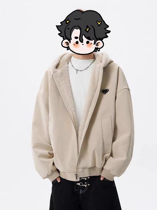 F012807美式复古荔枝纹水貂绒座山雕连帽棉服cleanfit重磅PU皮夹克 商品图5