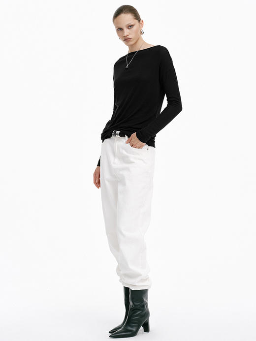 TR她热 慵懒日常 黑色天丝羊毛一字领慵懒百搭显瘦基础打底衫上衣 商品图4