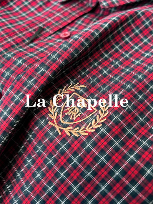 专柜实拍【100%全棉+刺绣徽章】拉夏贝尔/La Chapelle文艺风！挺括有型气质翻领刺绣徽章复古格纹设计百搭叠穿衬衣 商品图4