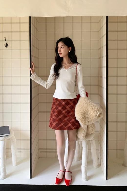 L.Fleuri 复古红格子高腰毛呢包臀半裙 21985 商品图1