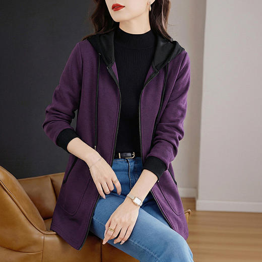 春秋连帽卫衣外套女冬季新款时尚紫色大码长袖中长款遮屁上衣胖mm 商品图4