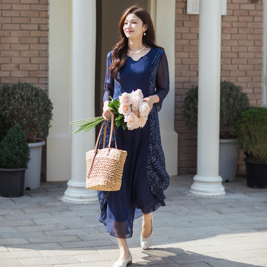 【林栖设计小店】【林栖推荐】2026春复古印花真丝长袖连衣裙N1961377 商品图0