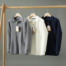 复古加厚保暖提花纹理翻领纯色男士休闲落肩款套头POLO领针织衫毛衣