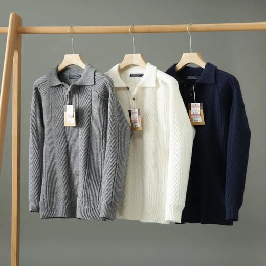 复古加厚保暖提花纹理翻领纯色男士休闲落肩款套头POLO领针织衫毛衣 商品图0