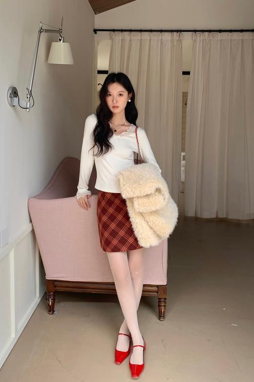 L.Fleuri 复古红格子高腰毛呢包臀半裙 21985 商品图7