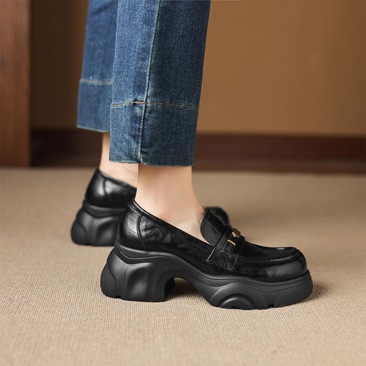 阿么手工女鞋厚底不累脚一脚蹬jk小皮鞋时尚真皮乐福鞋软底6.5CM 商品图4